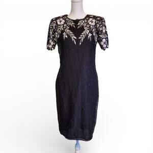 Vintage Pure Silk Black Floral Beaded Knee Length Sheath Dress Size 6